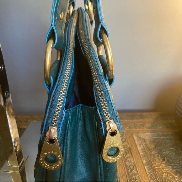 Marc by Marc Jacobs satchel leather plaid lining compartments green gold - Picture 6 of 16